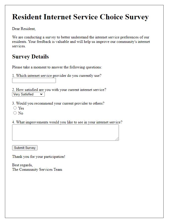 Letter template of Resident Internet Service Choice Survey