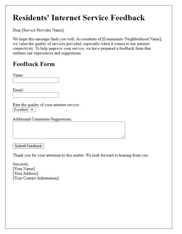 Letter template of Residents' Internet Service Feedback Form