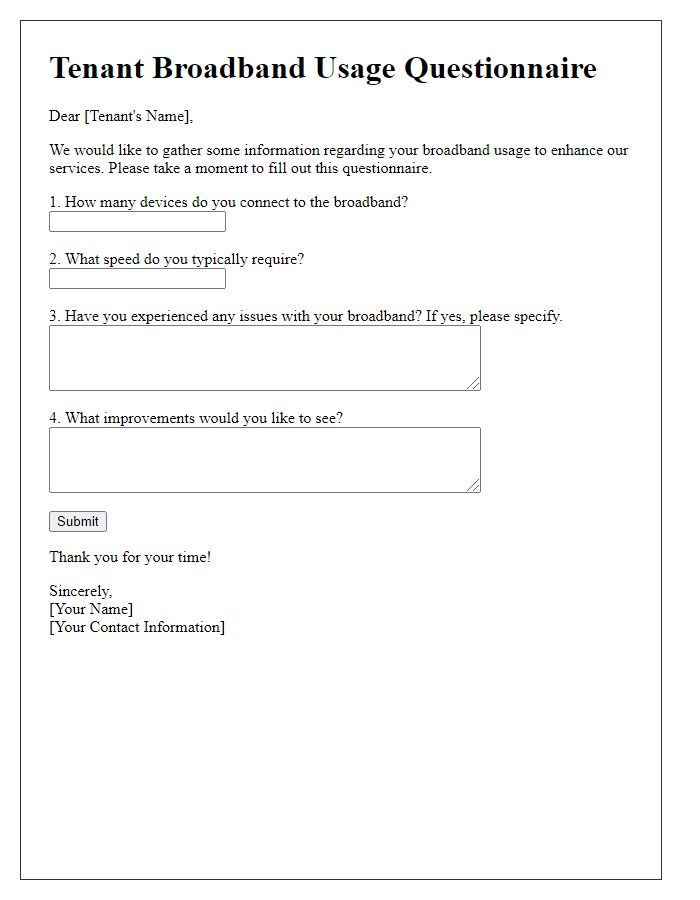 Letter template of Tenant Broadband Usage Questionnaire