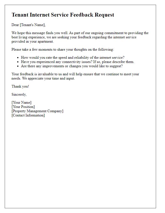 Letter template of Tenant Internet Service Feedback Request