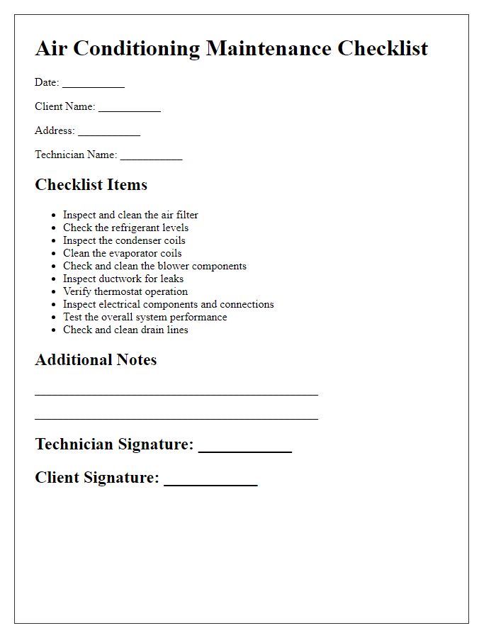 Letter template of air conditioning maintenance checklist.