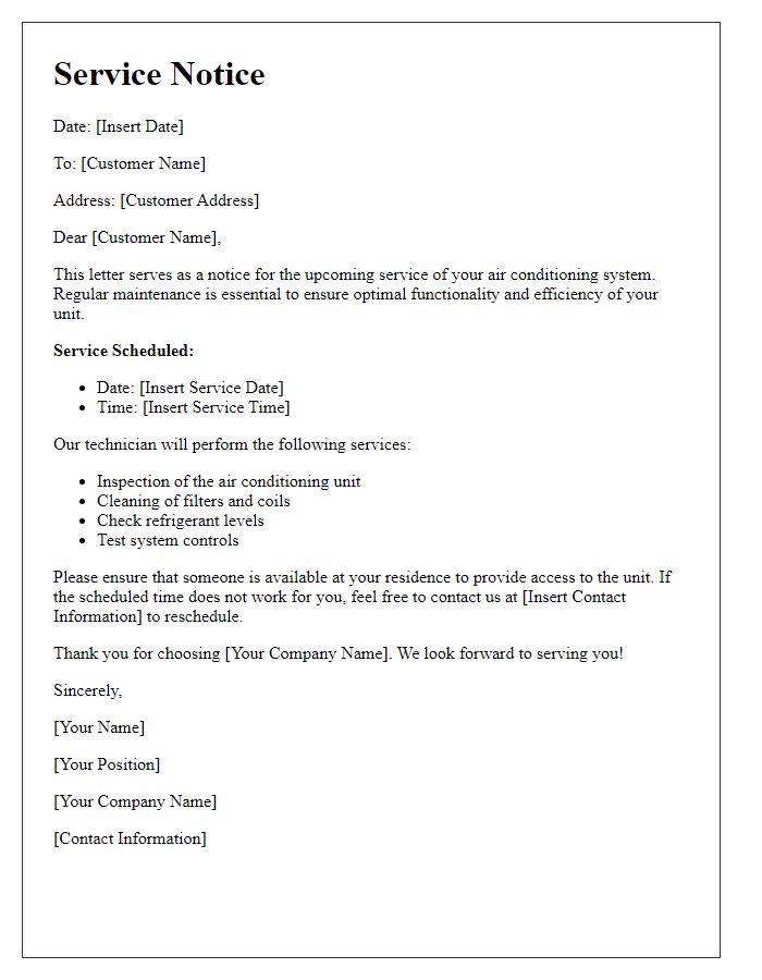 Letter template of air conditioning system service notice.