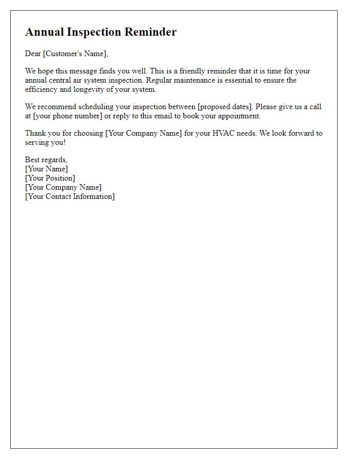 Letter template of annual central air system inspection reminder.