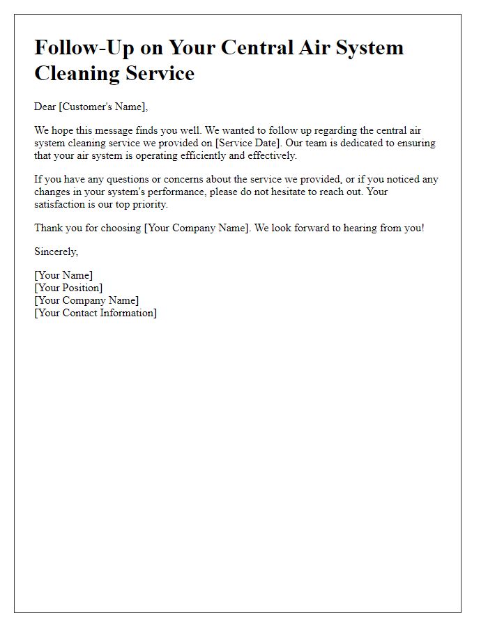 Letter template of follow-up for central air system cleaning service.