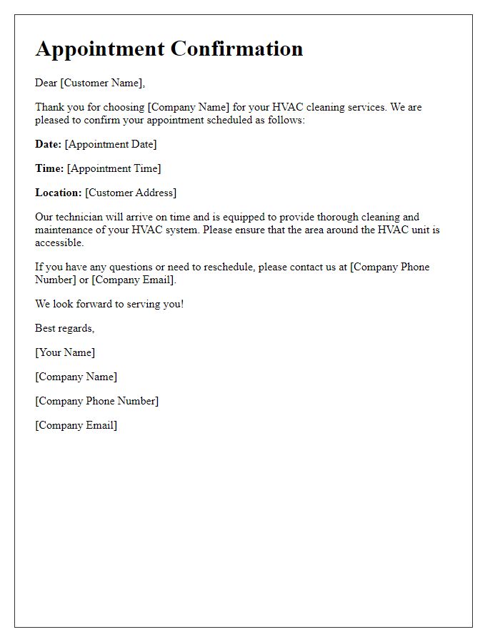 Letter template of HVAC cleaning appointment confirmation.