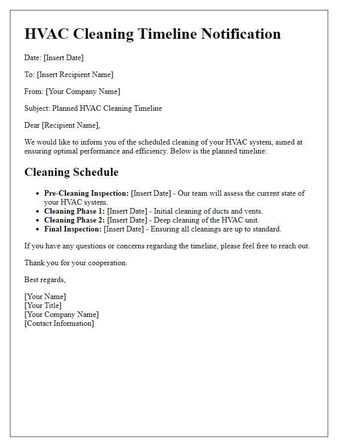 Letter template of planned HVAC cleaning timeline.