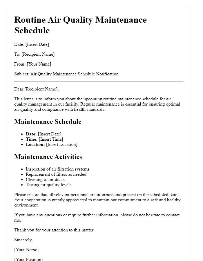 Letter template of routine air quality maintenance schedule.