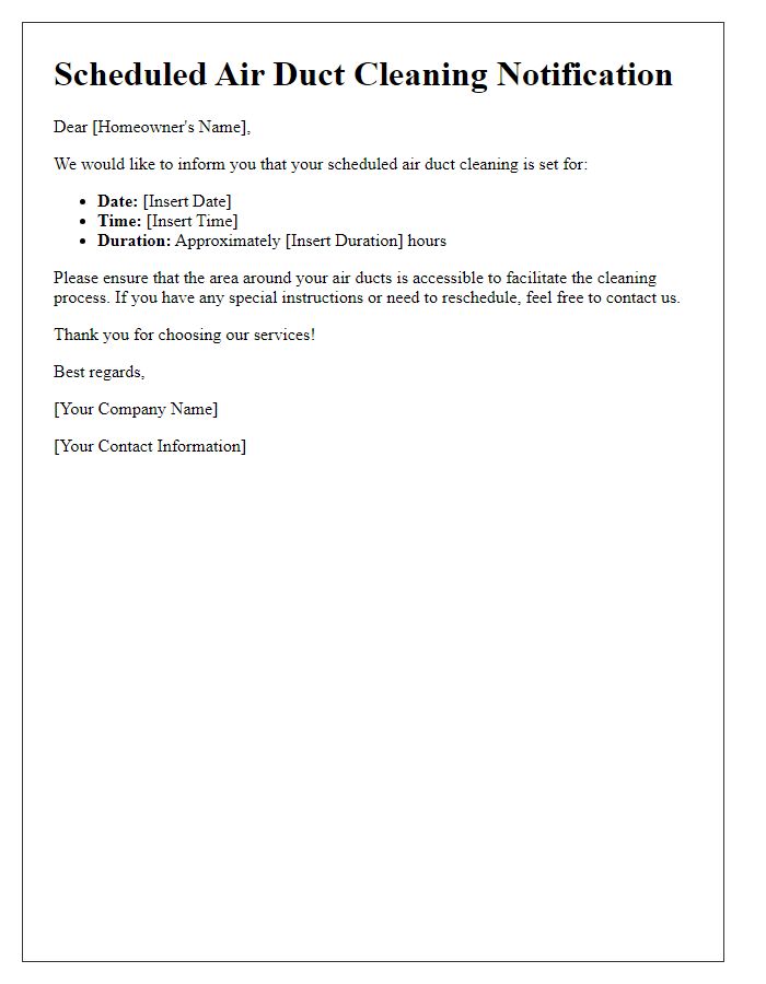 Letter template of scheduled air duct cleaning alert.