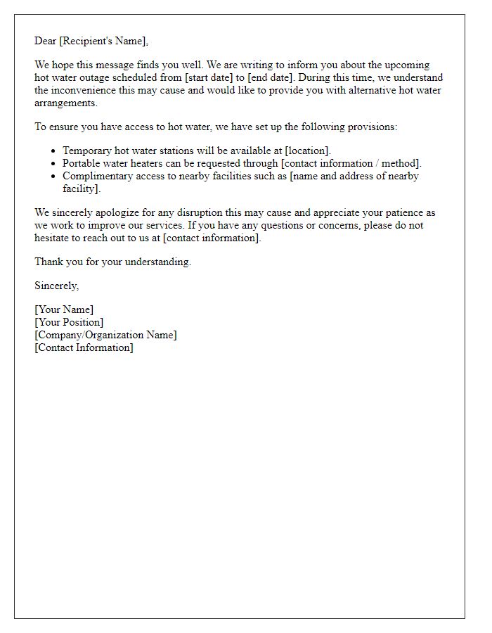 Letter template of alternative hot water arrangements during outage.