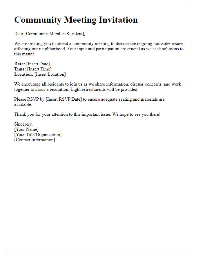 Letter template of community meeting invitation to discuss hot water issues.