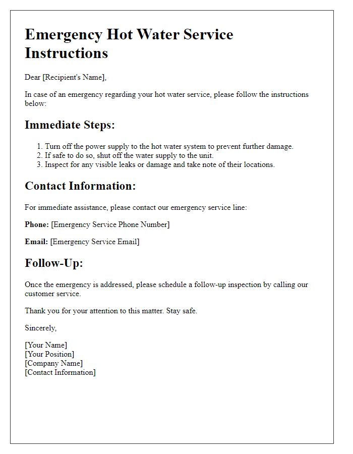 Letter template of emergency hot water service instructions.