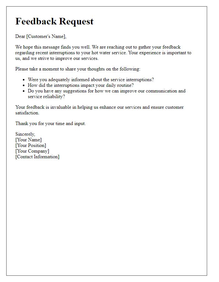 Letter template of feedback request regarding hot water service interruptions.