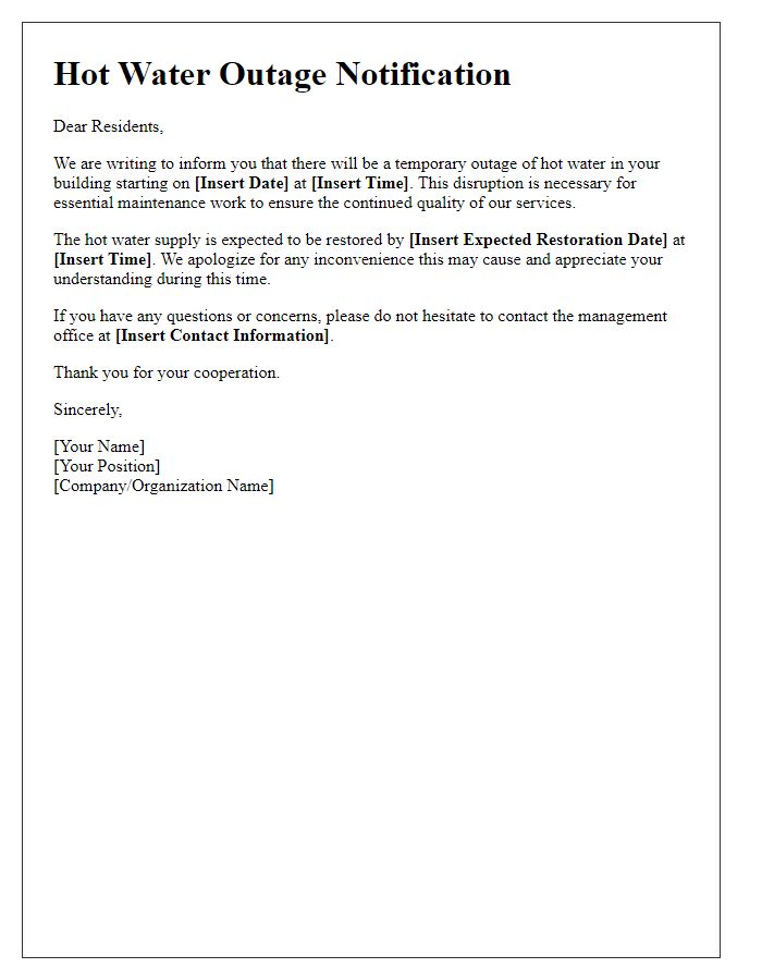 Letter template of hot water outage notification for residents.