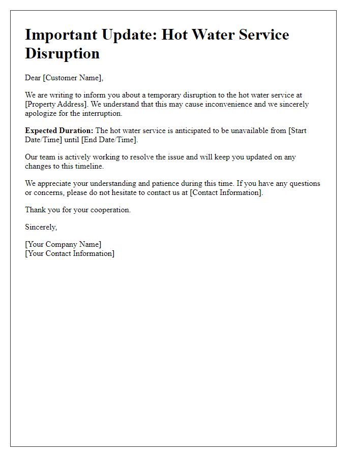 Letter template of hot water service disruption update.