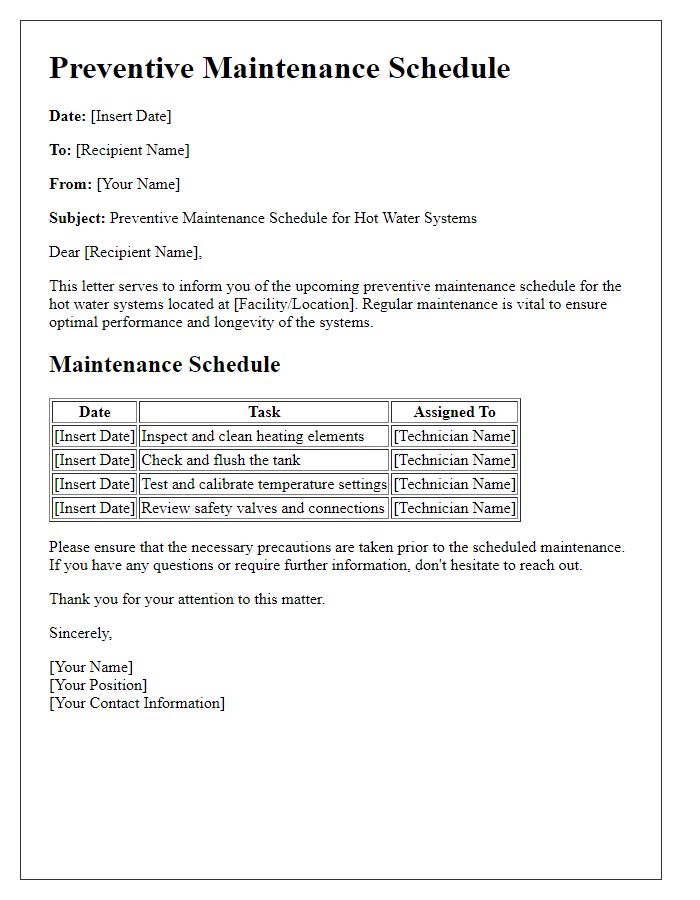 Letter template of preventive maintenance schedule for hot water systems.