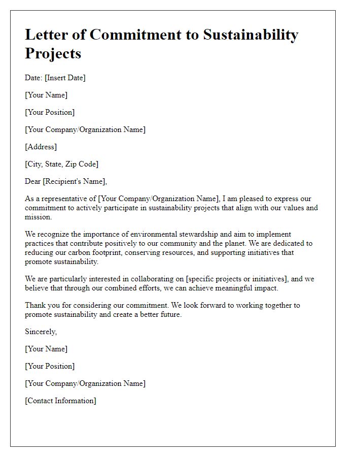 Letter template of commitment to sustainability projects participation