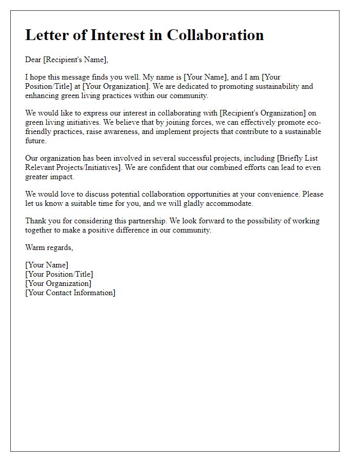 Letter template of interest in green living initiatives collaboration