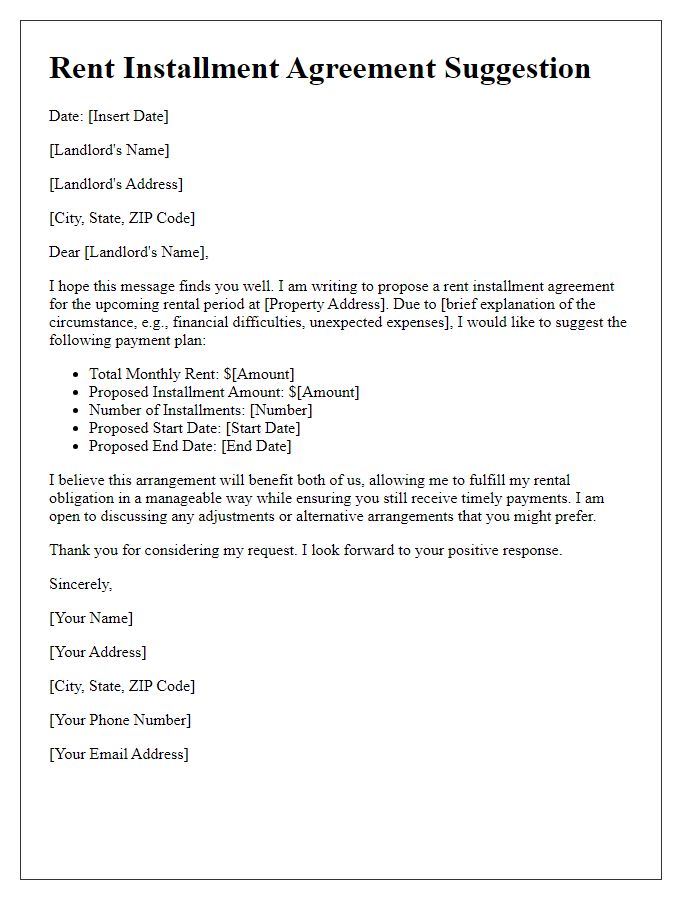 Letter template of rent installment agreement suggestion