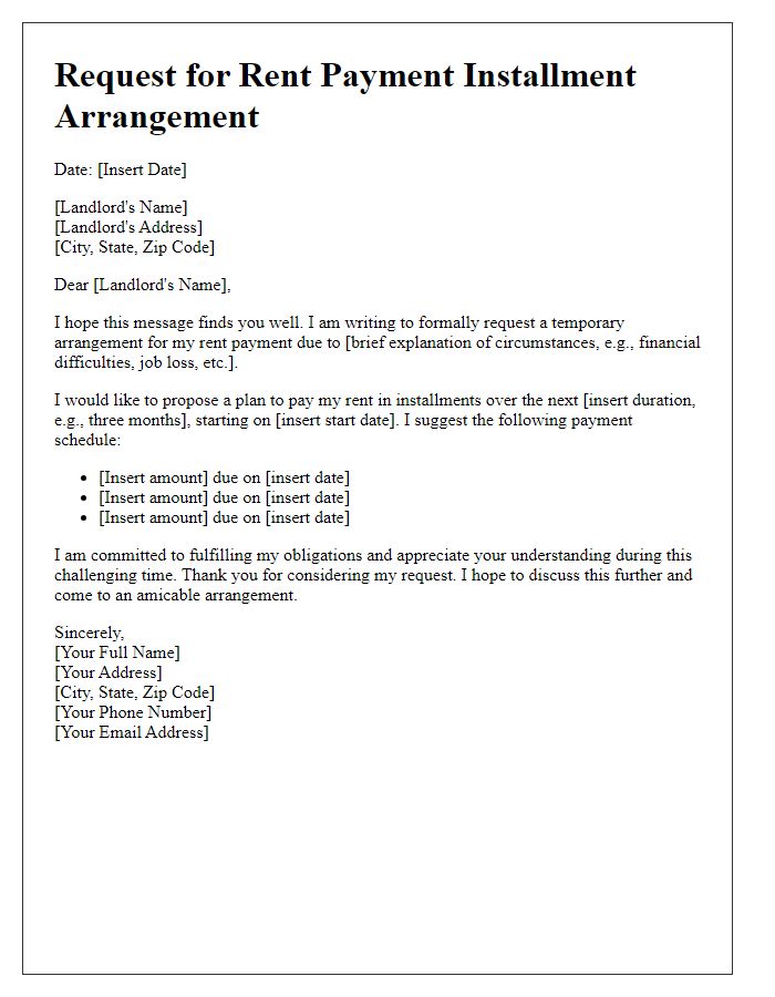 Letter template of rent payment installment arrangement request