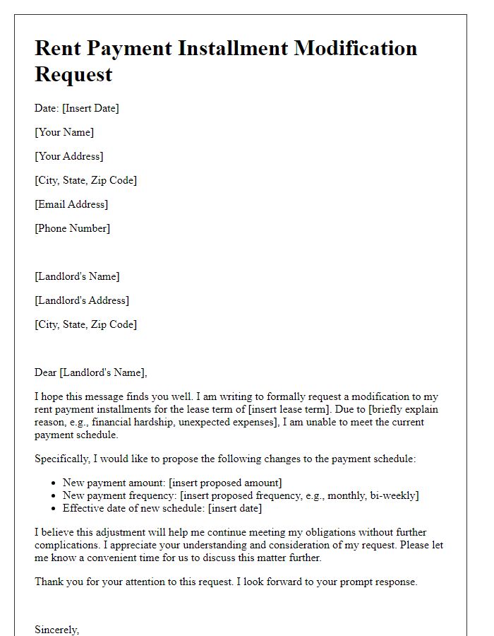 Letter template of rent payment installment modification request