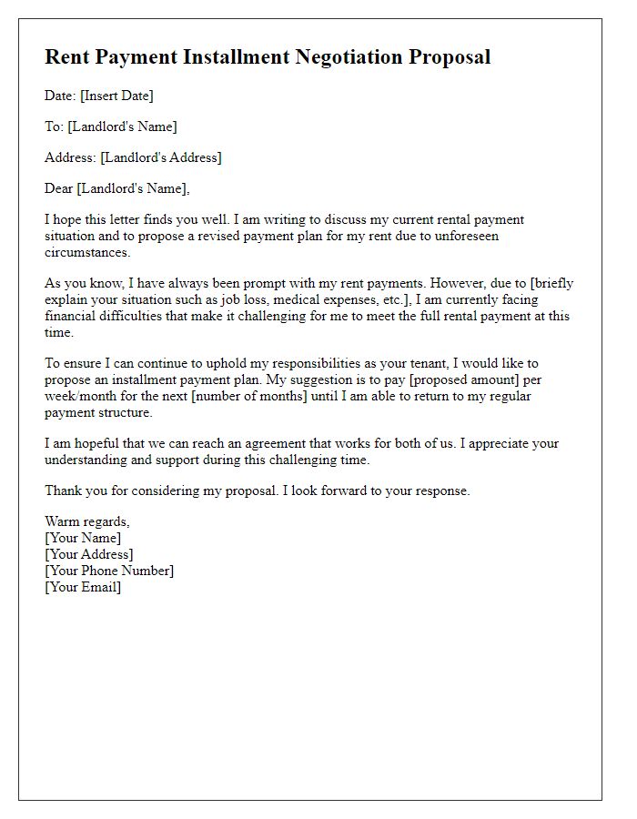 Letter template of rent payment installment negotiation proposal