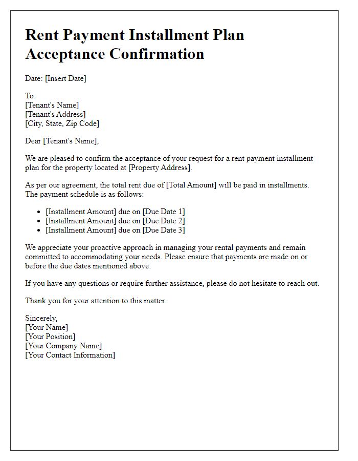 Letter template of rent payment installment plan acceptance confirmation