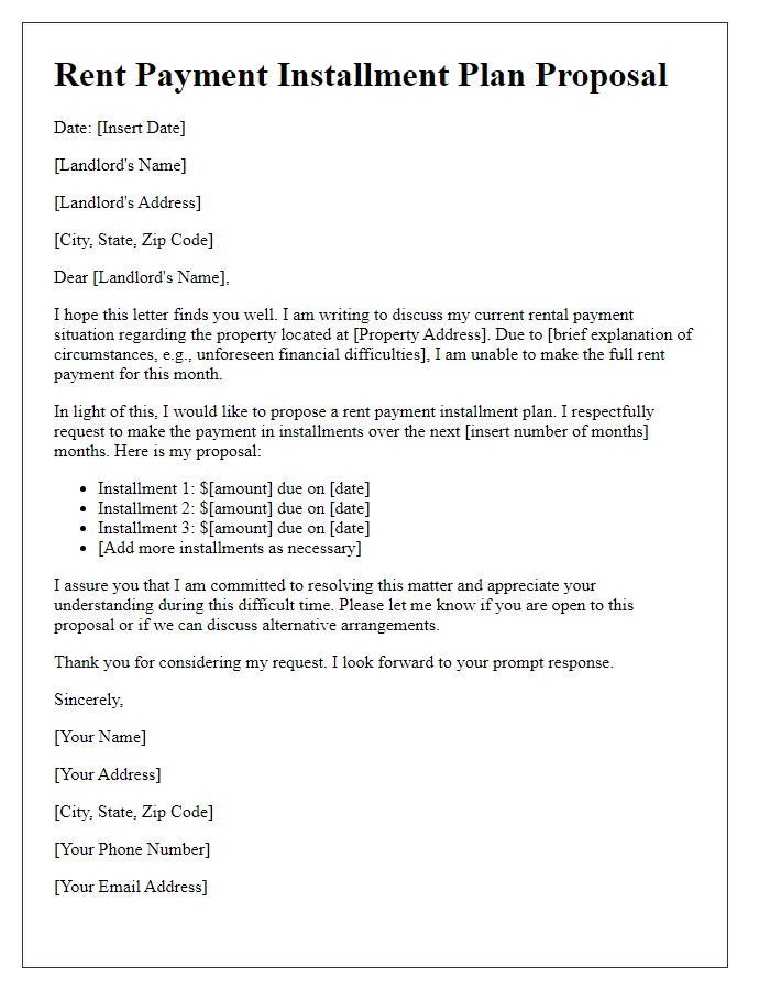 Letter template of rent payment installment plan proposal