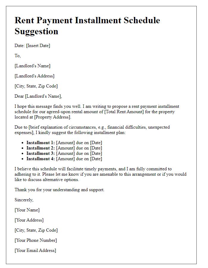 Letter template of rent payment installment schedule suggestion