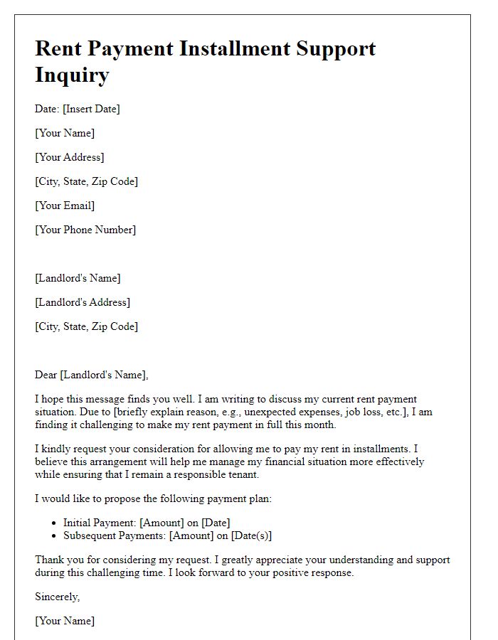 Letter template of rent payment installment support inquiry