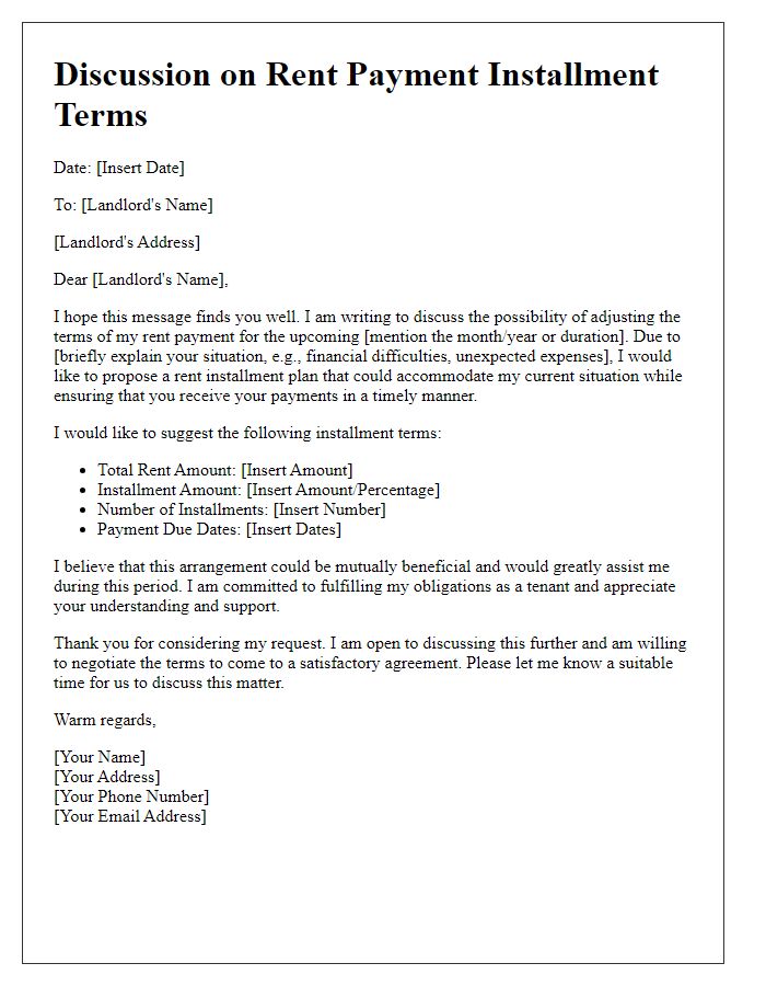 Letter template of rent payment installment terms discussion