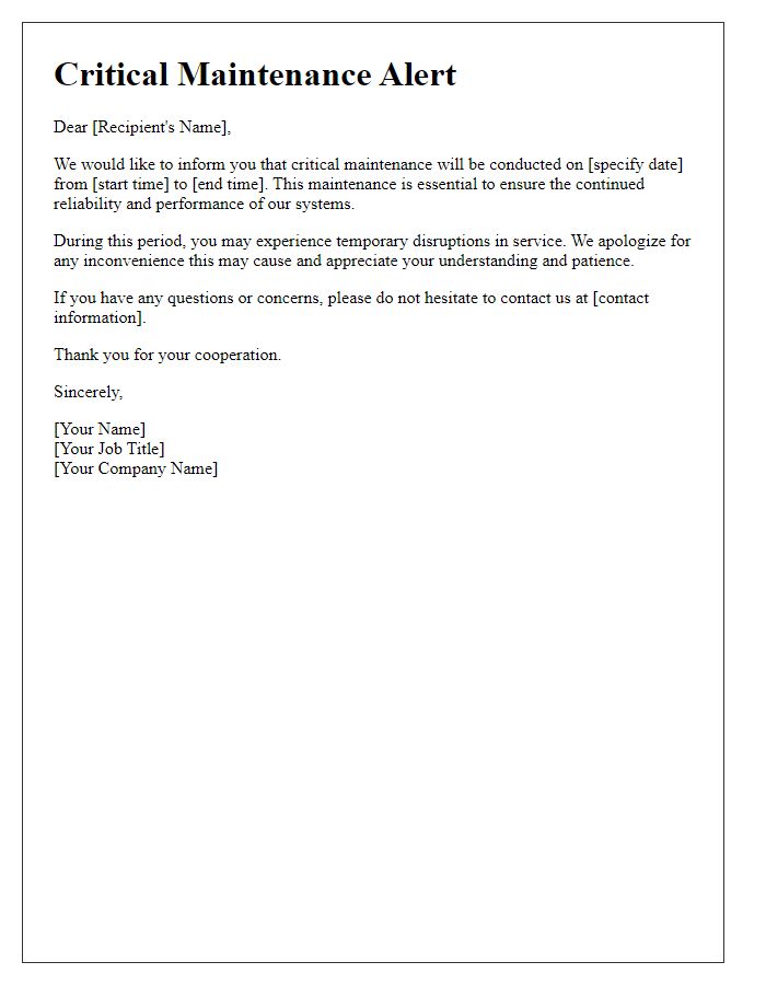 Letter template of critical maintenance alert