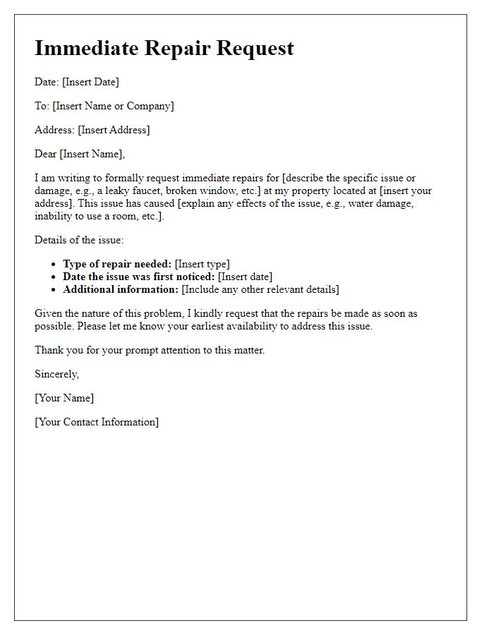 Letter template of immediate repair request