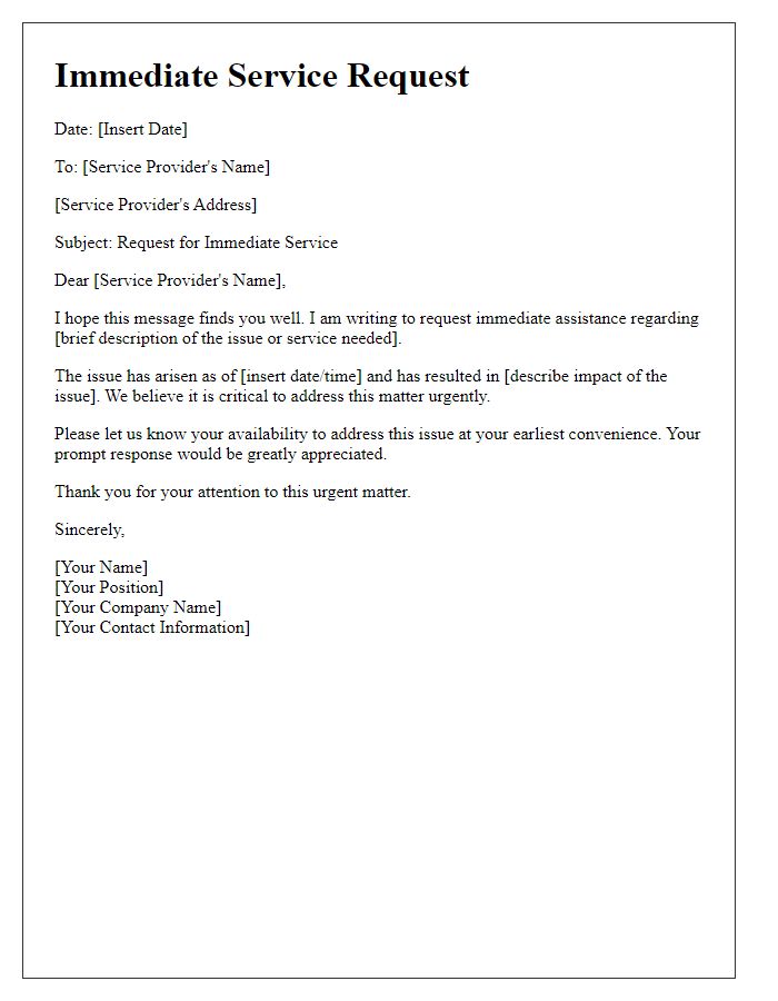 Letter template of immediate service request