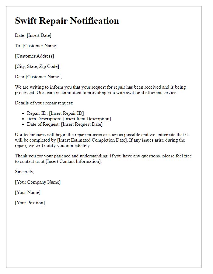 Letter template of swift repair notification