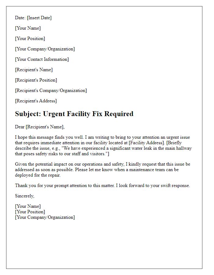 Letter template of urgent facility fix