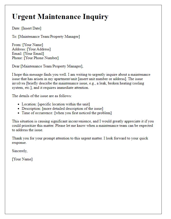 Letter template of urgent maintenance inquiry