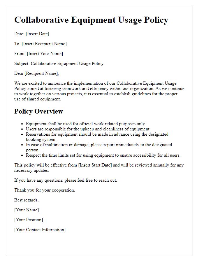 Letter template of collaborative equipment usage policy