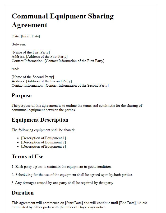 Letter template of communal equipment sharing agreement