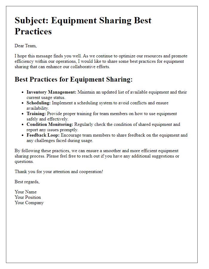 Letter template of equipment sharing best practices