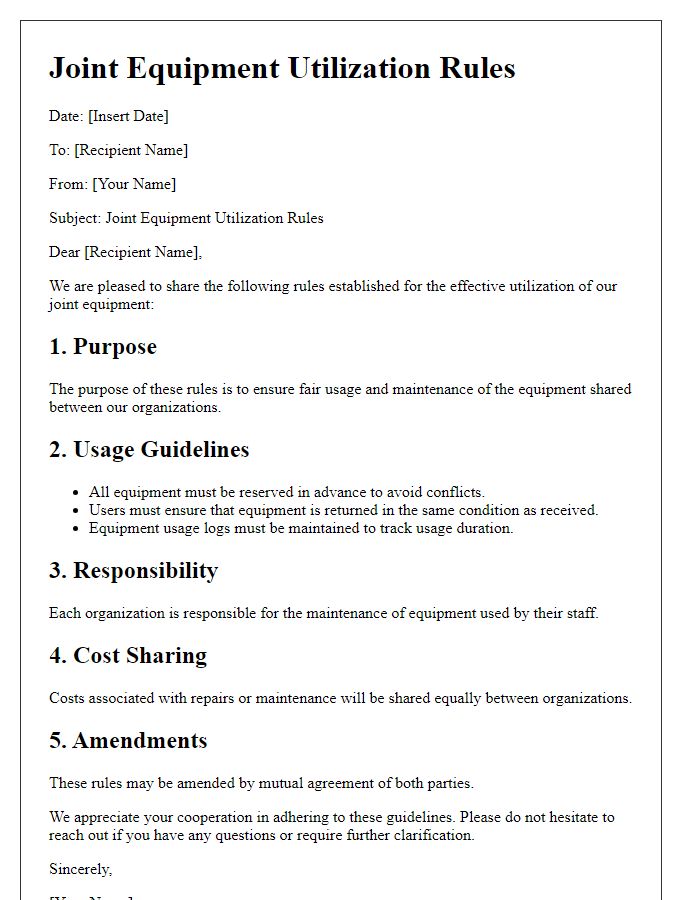 Letter template of joint equipment utilization rules