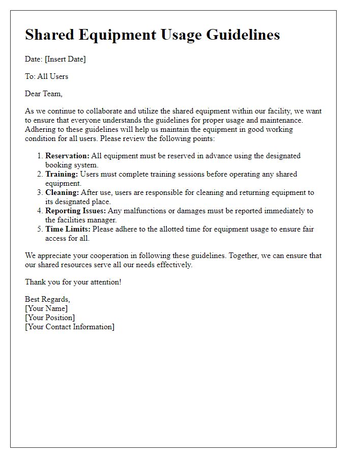 Letter template of shared equipment usage guidelines