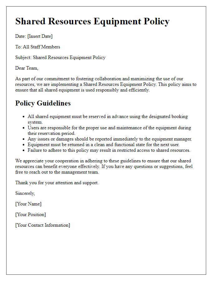 Letter template of shared resources equipment policy