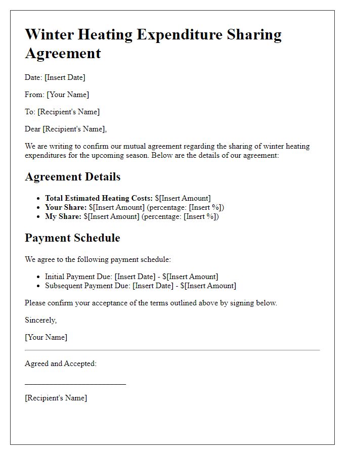 Letter template of agreed-upon winter heating expenditure sharing.