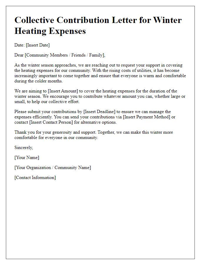 Letter template of collective contributions for winter heating expenses.