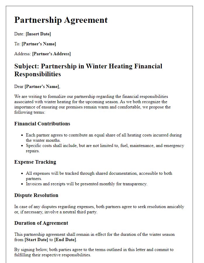 Letter template of partnership in winter heating financial responsibilities.