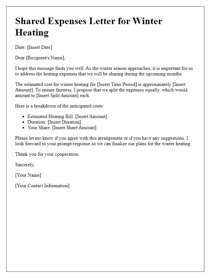 Letter template of shared expenses for winter heating.