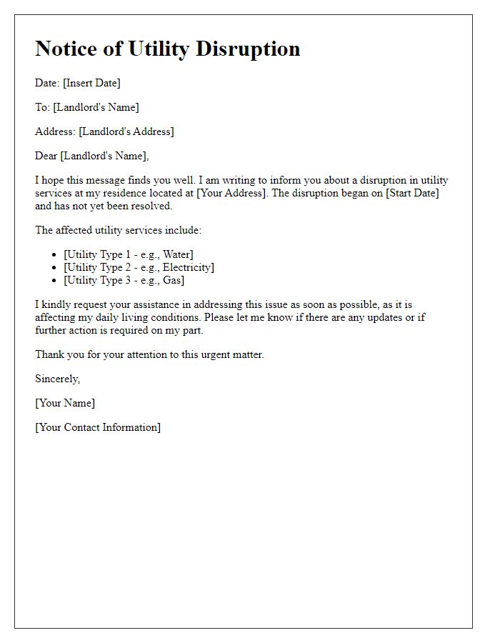 Letter template of tenant correspondence for utility disruption