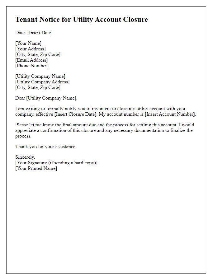 Letter template of tenant notice for utility account closure