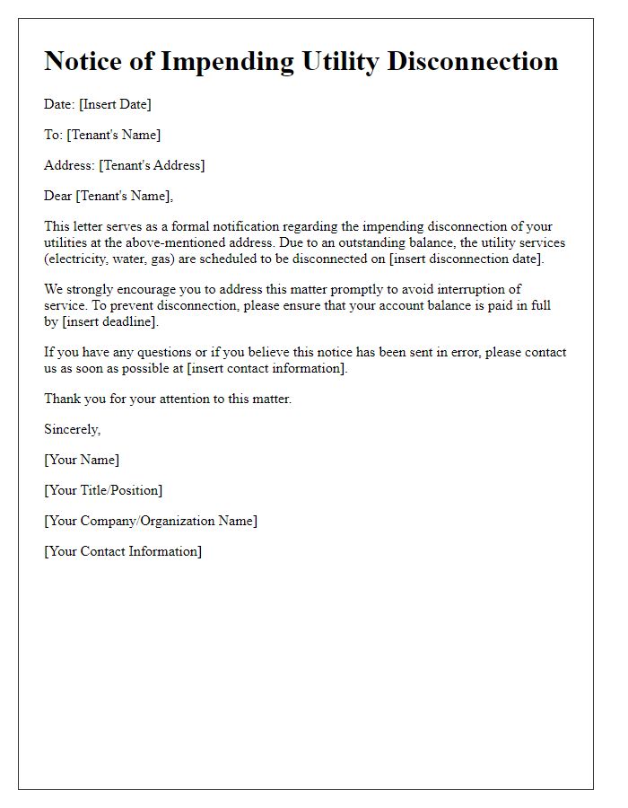 Letter template of tenant notification for impending utility disconnection