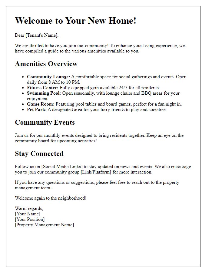 Letter template of community-oriented tenant amenities guide